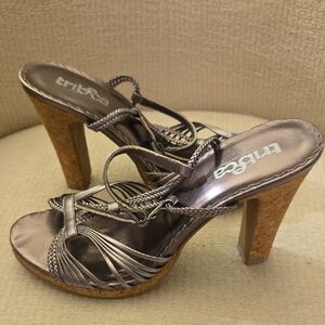 BECCA Metallic Silver Strappy Cork High Heels